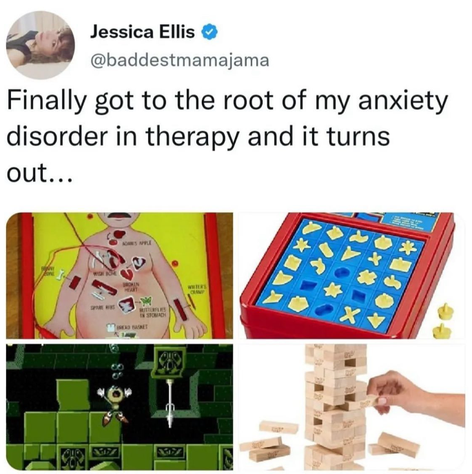 Humorous therapy meme about finding the root of anxiety through classic games.