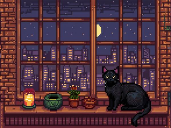 Pixel art therapy room window scene with a black cat and city lights.