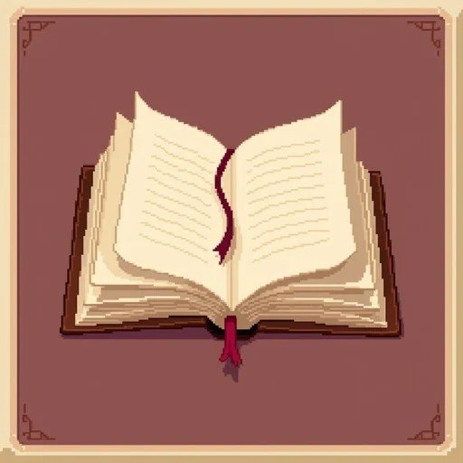 Pixel art open book on a warm background.